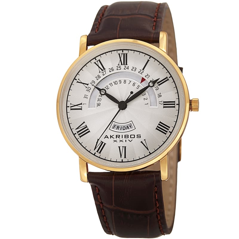 Akribos XXIV Men's Quartz Retrograde Date/Day Leather Gold-Tone Strap Watch - Gold
