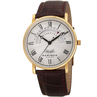 Akribos XXIV Men's Quartz Retrograde Date/Day Leather Gold-Tone Strap Watch - Gold