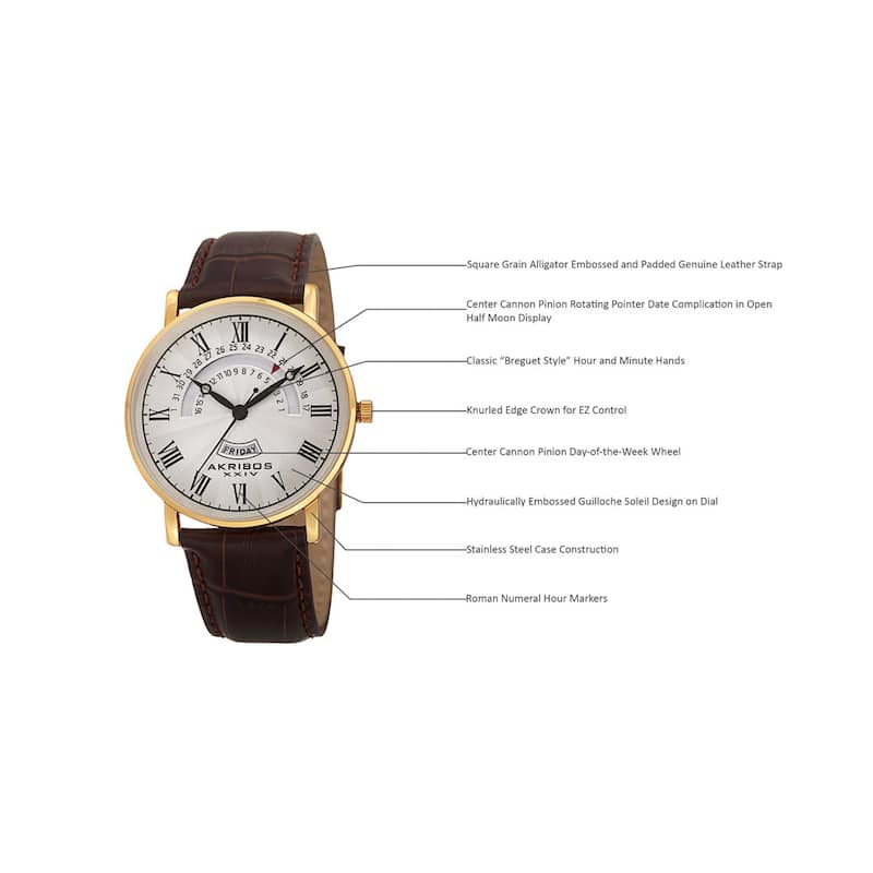 Akribos XXIV Men's Quartz Retrograde Date/Day Leather Gold-Tone Strap Watch - Gold