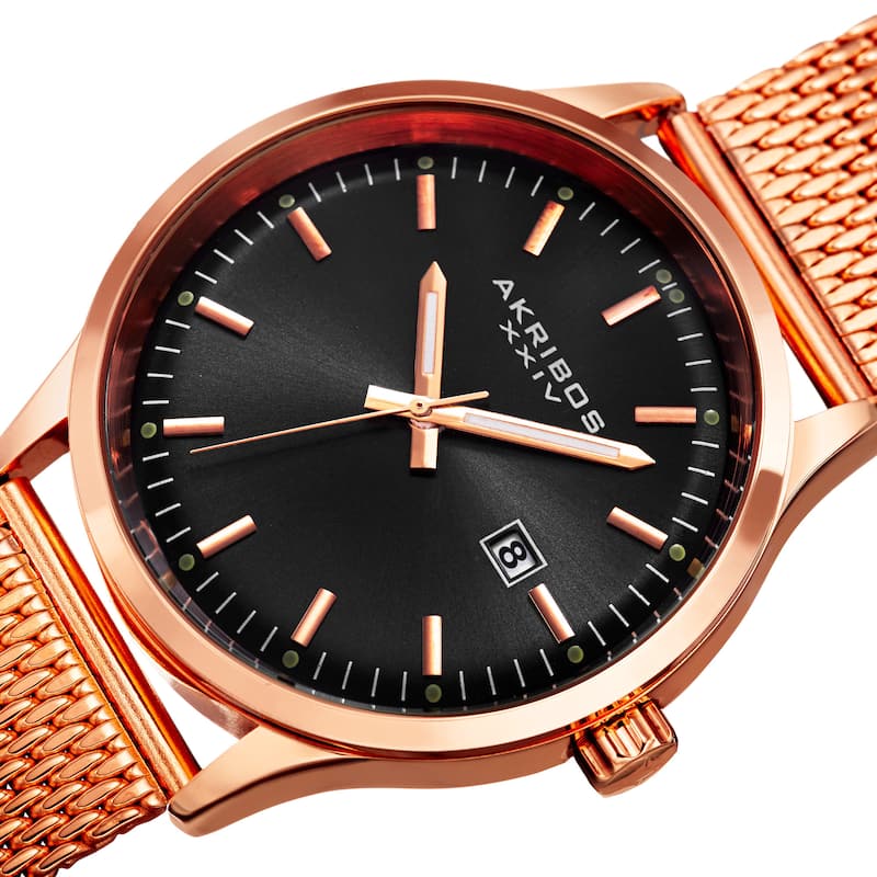 Akribos XXIV Men's Quartz Stainless Steel Mesh Rose-Tone Bracelet Watch - Black