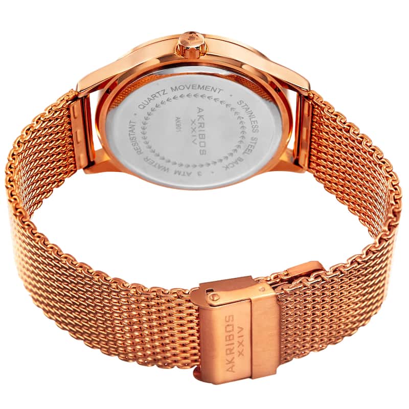 Akribos XXIV Men's Quartz Stainless Steel Mesh Rose-Tone Bracelet Watch - Black