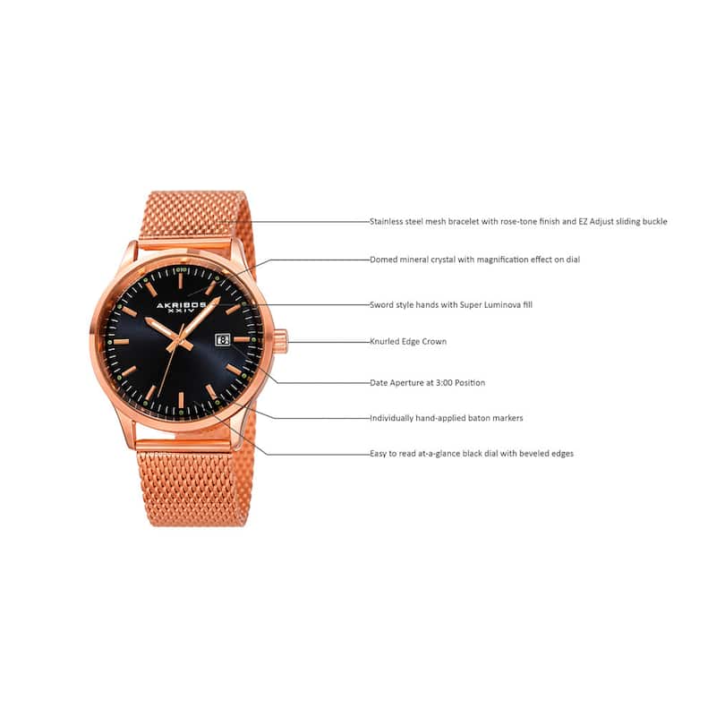 Akribos XXIV Men's Quartz Stainless Steel Mesh Rose-Tone Bracelet Watch - Black