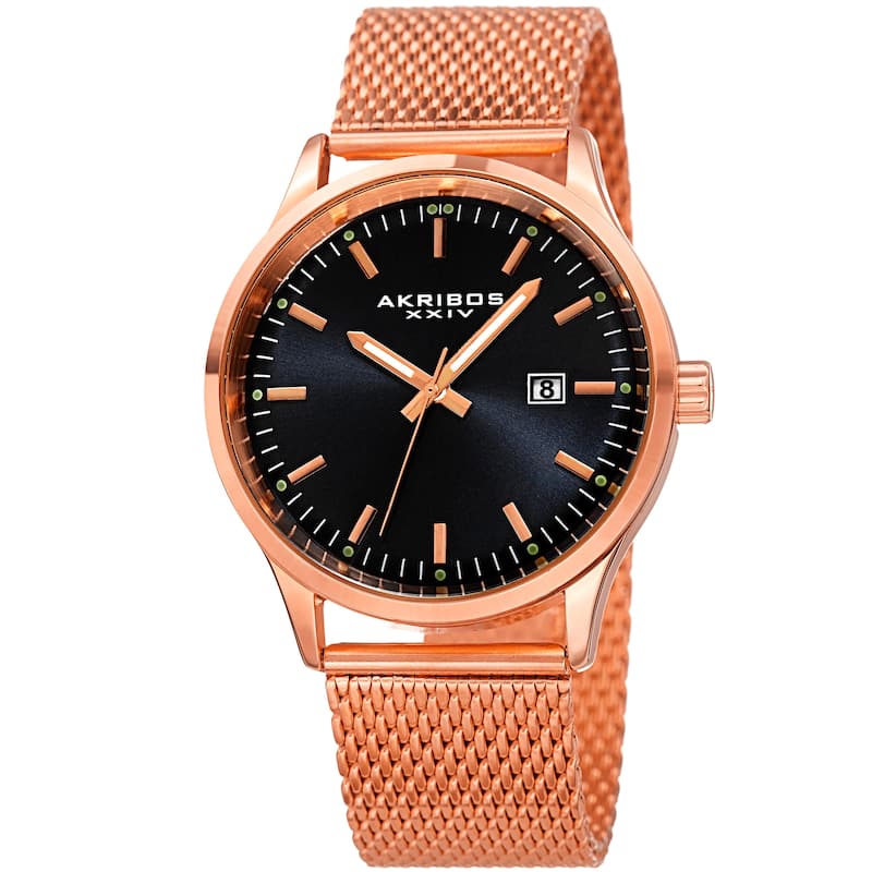 Akribos XXIV Men's Quartz Stainless Steel Mesh Rose-Tone Bracelet Watch - Black