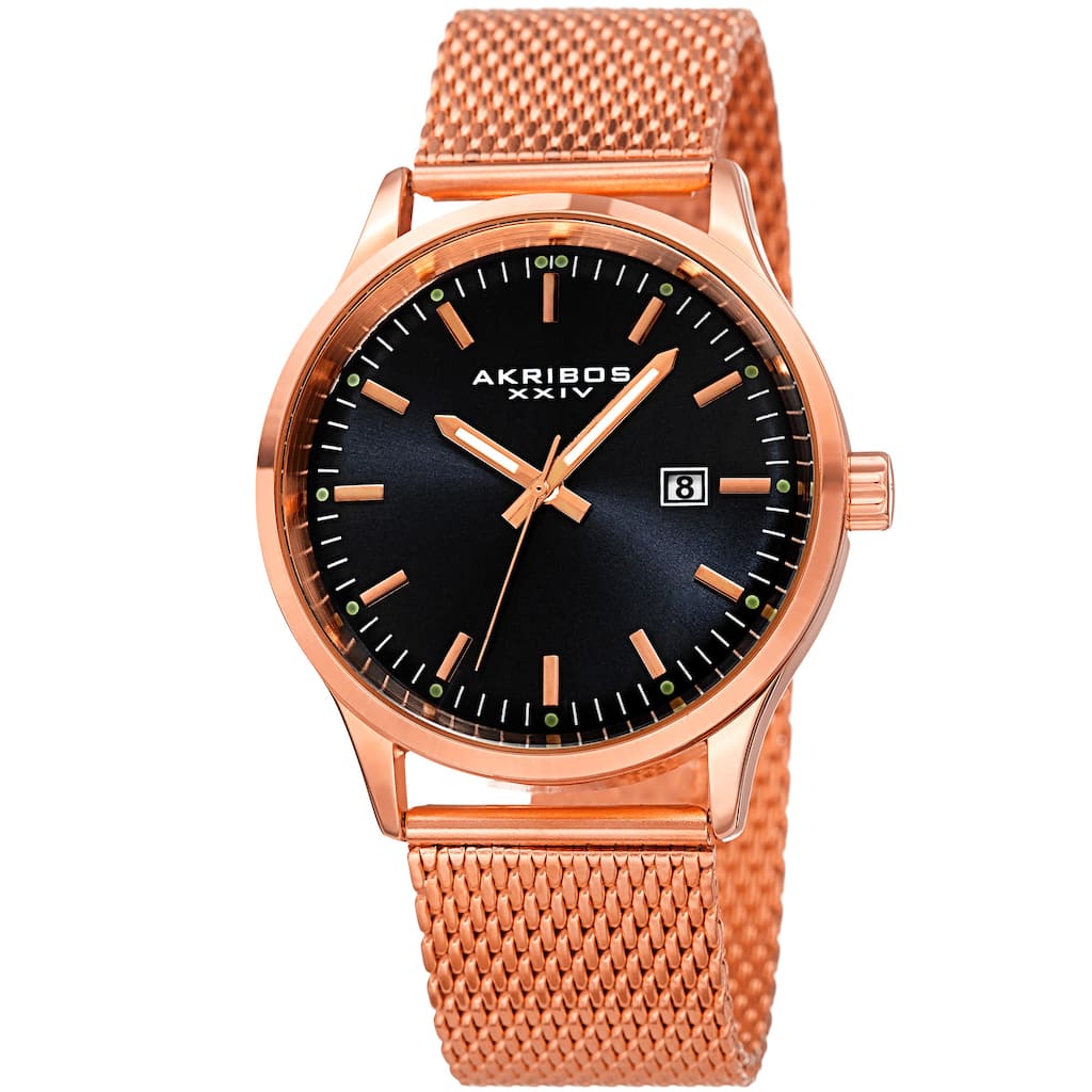 Akribos XXIV Men's Quartz Stainless Steel Mesh Rose-Tone Bracelet Watch - Black