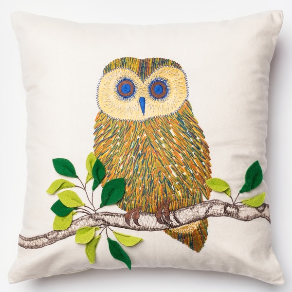 Embroidered Owl Ivory/ Multi Down Feather or Polyester Filled 18-inch Throw Pillow or Pillow ...