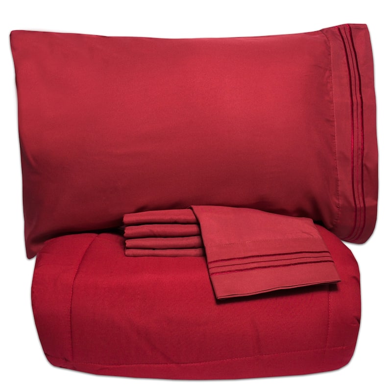 Luxury Lightweight Solid 5-piece Bed-In-a-Bag with Sheet Set - Burgundy - Full - 5 Piece