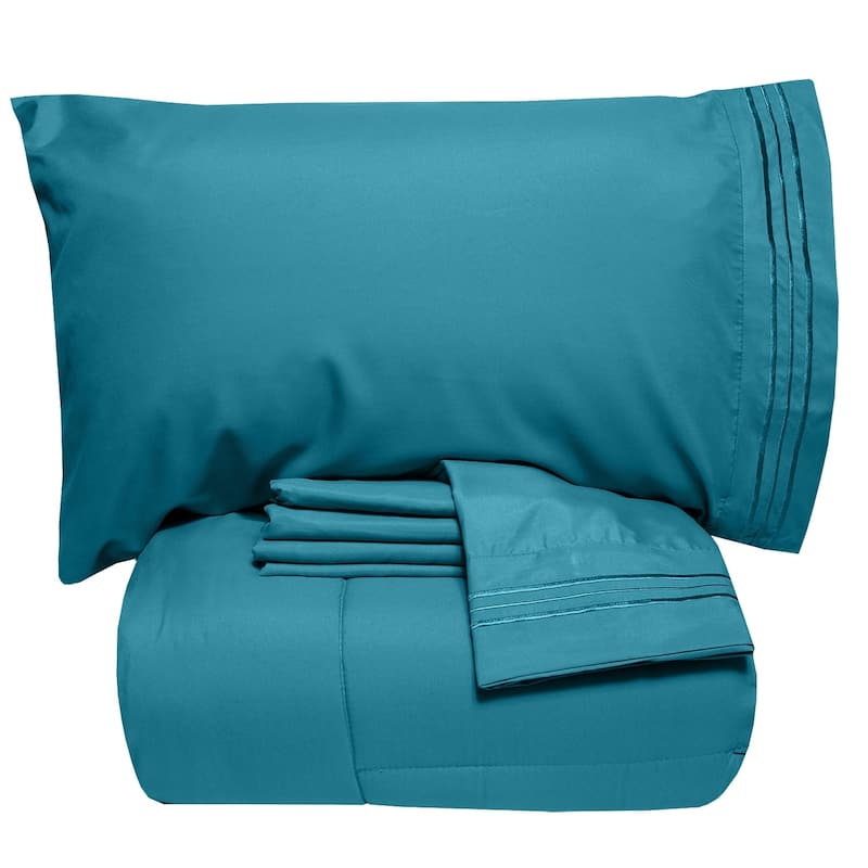 Luxury Lightweight Solid 5-piece Bed-In-a-Bag with Sheet Set - Teal - Full - 5 Piece