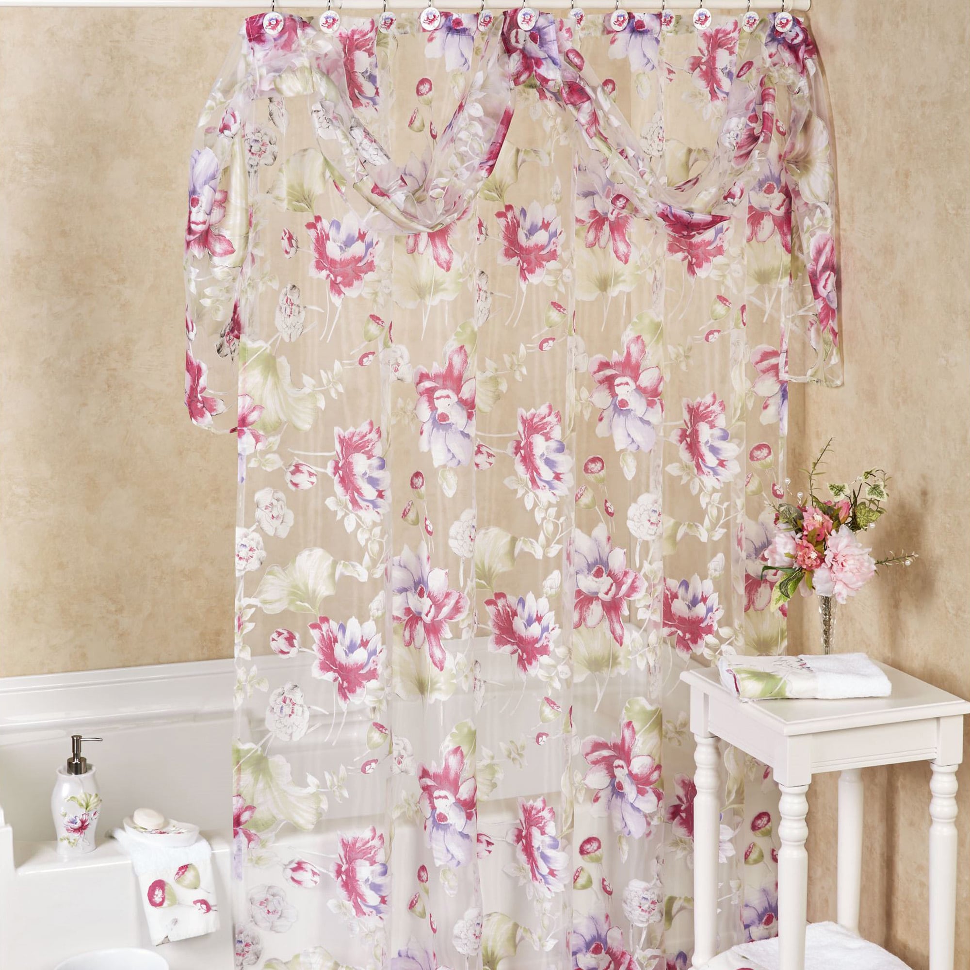 Melrose Pink Shower Curtain Sheer with Scarf Topper 