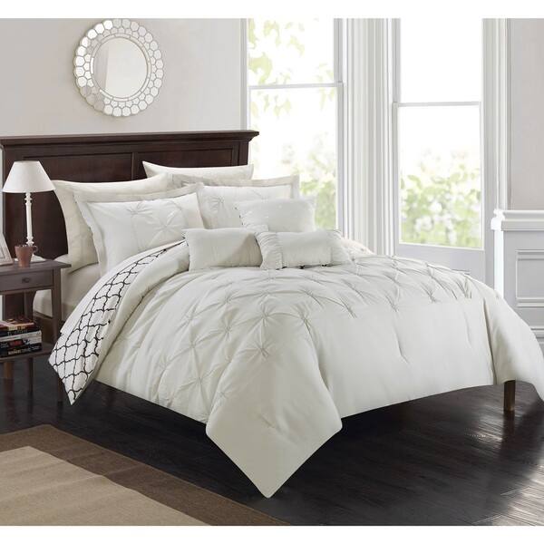 slide 2 of 9, Silver Orchid Maude 10-piece Edney Pinch Pleated Ruffled Reversible Beige Bed-in-a-Bag King