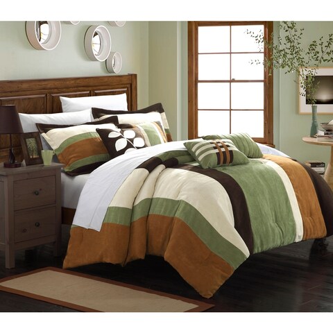 Chic Home Valley 11-Piece Green Plush Microsuede Striped Comforter Bed in a Bag