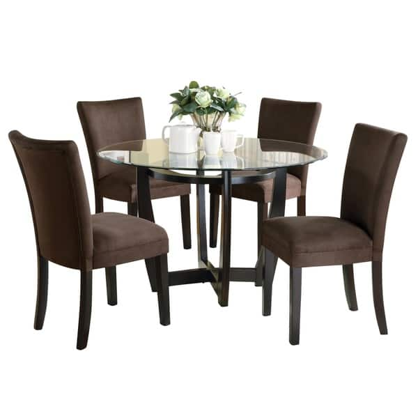 Shop Mirage Round Glass Top Table Chocolate Microfiber Parson Chairs 5 Piece Dining Set Overstock 10789568