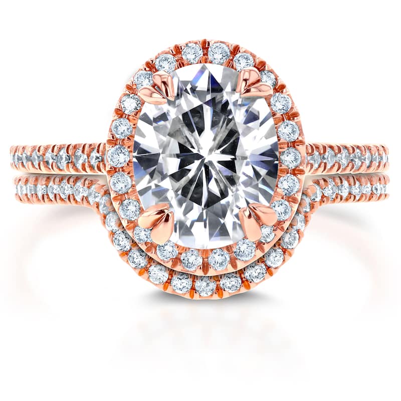 Annello by Kobelli 14k Rose Gold Oval Moissanite and 1/2ct TDW Diamond Halo 2-Piece Bridal Rings Set - 4