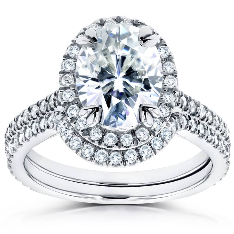 Annello by Kobelli 14k White Gold Oval Moissanite and 1/2ct TDW Diamond Halo 2-Piece Bridal Rings Set