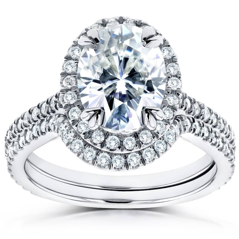 Annello by Kobelli 14k White Gold Oval Moissanite and 1/2ct TDW Diamond Halo 2-Piece Bridal Rings Set