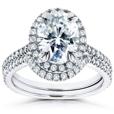 Annello by Kobelli 14k White Gold Oval Moissanite and 1/2ct TDW Diamond Halo 2-Piece Bridal Rings Set