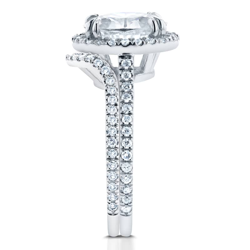 Annello by Kobelli 14k White Gold Oval Moissanite and 1/2ct TDW Diamond Halo 2-Piece Bridal Rings Set