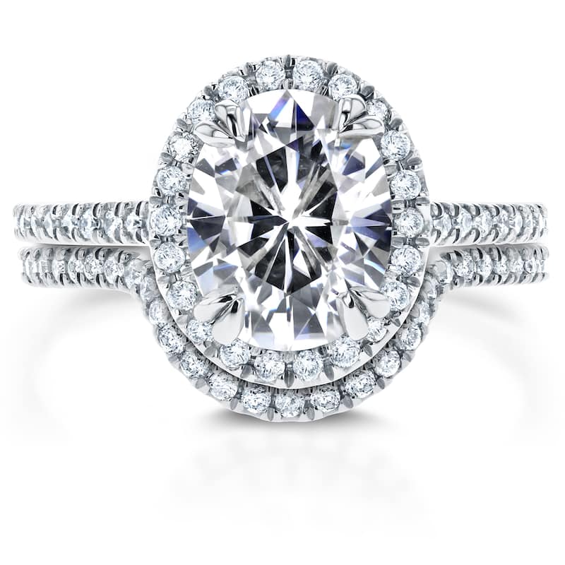 Annello by Kobelli 14k White Gold Oval Moissanite and 1/2ct TDW Diamond Halo 2-Piece Bridal Rings Set