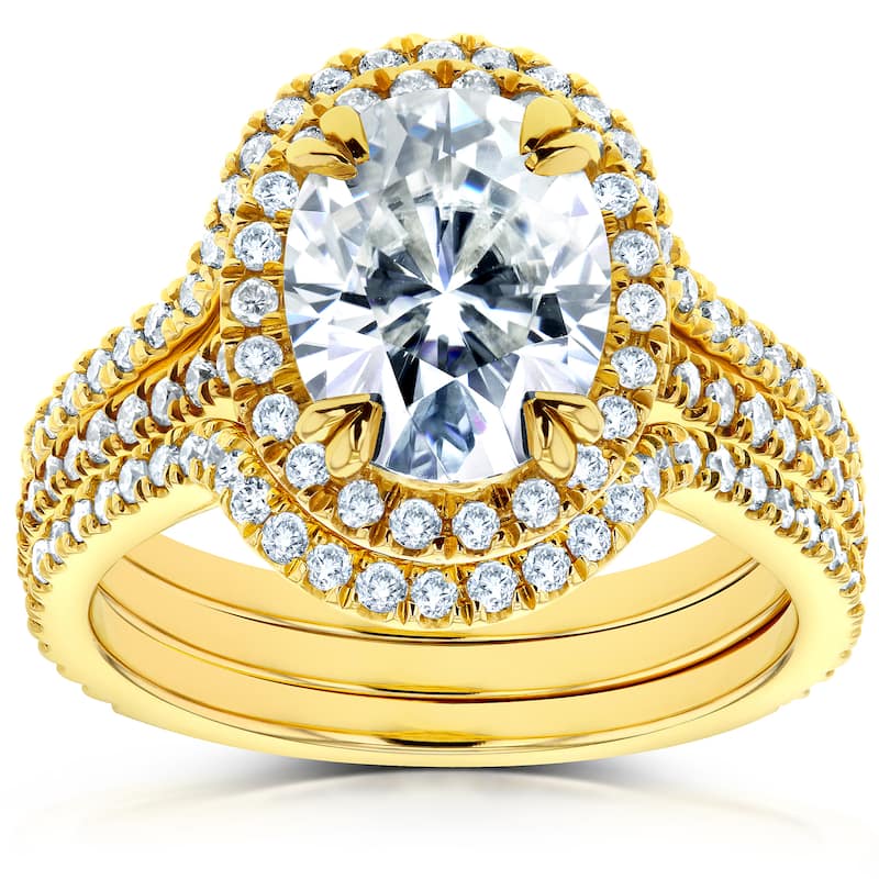 Annello by Kobelli 14k Yellow Gold 2 4/5ct TGW Moissanite and Diamond Oval Halo Fitted Bridal Rings Set (3pc Set) - 4