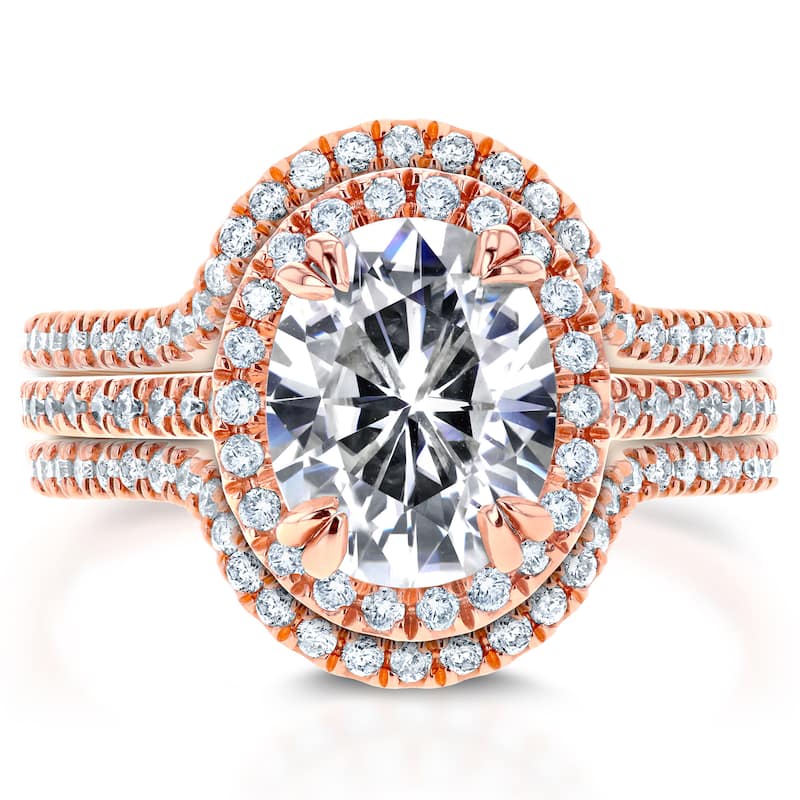 Annello by Kobelli 14k Rose Gold 2 4/5ct TGW Moissanite and Diamond Oval Halo Fitted Bridal Rings Set (3pc Set)
