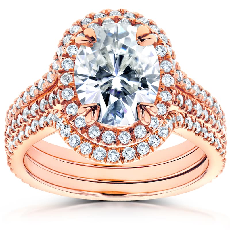 Annello by Kobelli 14k Rose Gold 2 4/5ct TGW Moissanite and Diamond Oval Halo Fitted Bridal Rings Set (3pc Set)