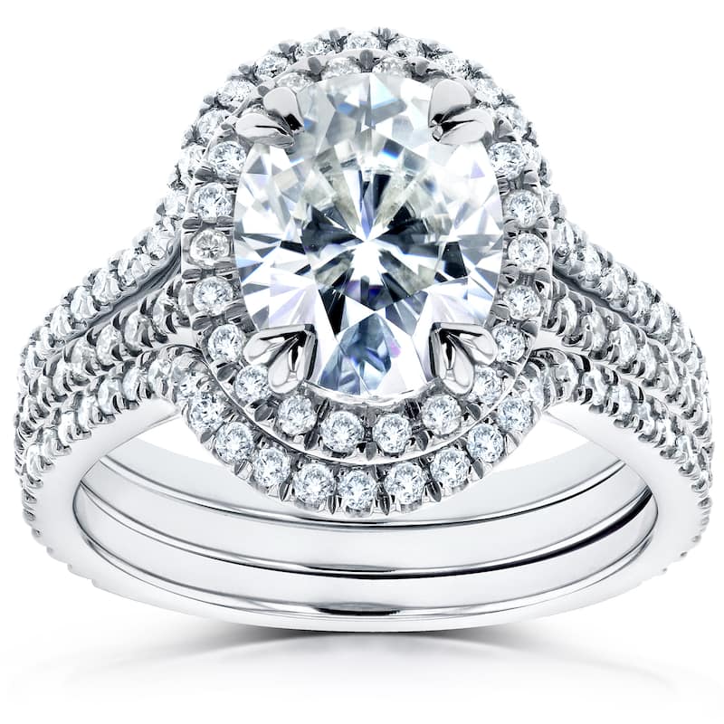 Annello by Kobelli 14k White Gold Oval Moissanite and 3/4ct TDW Diamond Halo 3-Piece Bridal Rings Set
