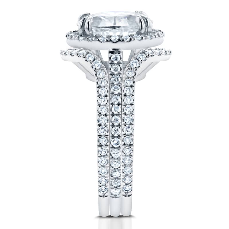 Annello by Kobelli 14k White Gold Oval Moissanite and 3/4ct TDW Diamond Halo 3-Piece Bridal Rings Set