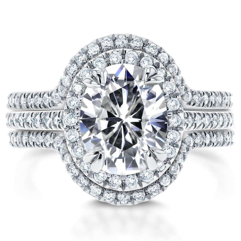 Annello by Kobelli 14k White Gold Oval Moissanite and 3/4ct TDW Diamond Halo 3-Piece Bridal Rings Set