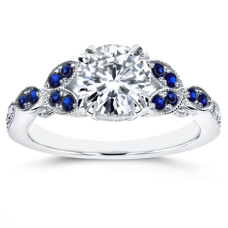 Annello 14k White Gold 1 1/5ct TGW Moissanite and Blue Sapphire, Diamond Vintage Floral Engagement Ring (GH/VS, GH/I)