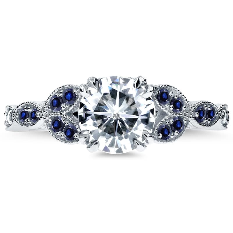 Annello 14k White Gold 1 1/5ct TGW Moissanite and Blue Sapphire, Diamond Vintage Floral Engagement Ring (GH/VS, GH/I)