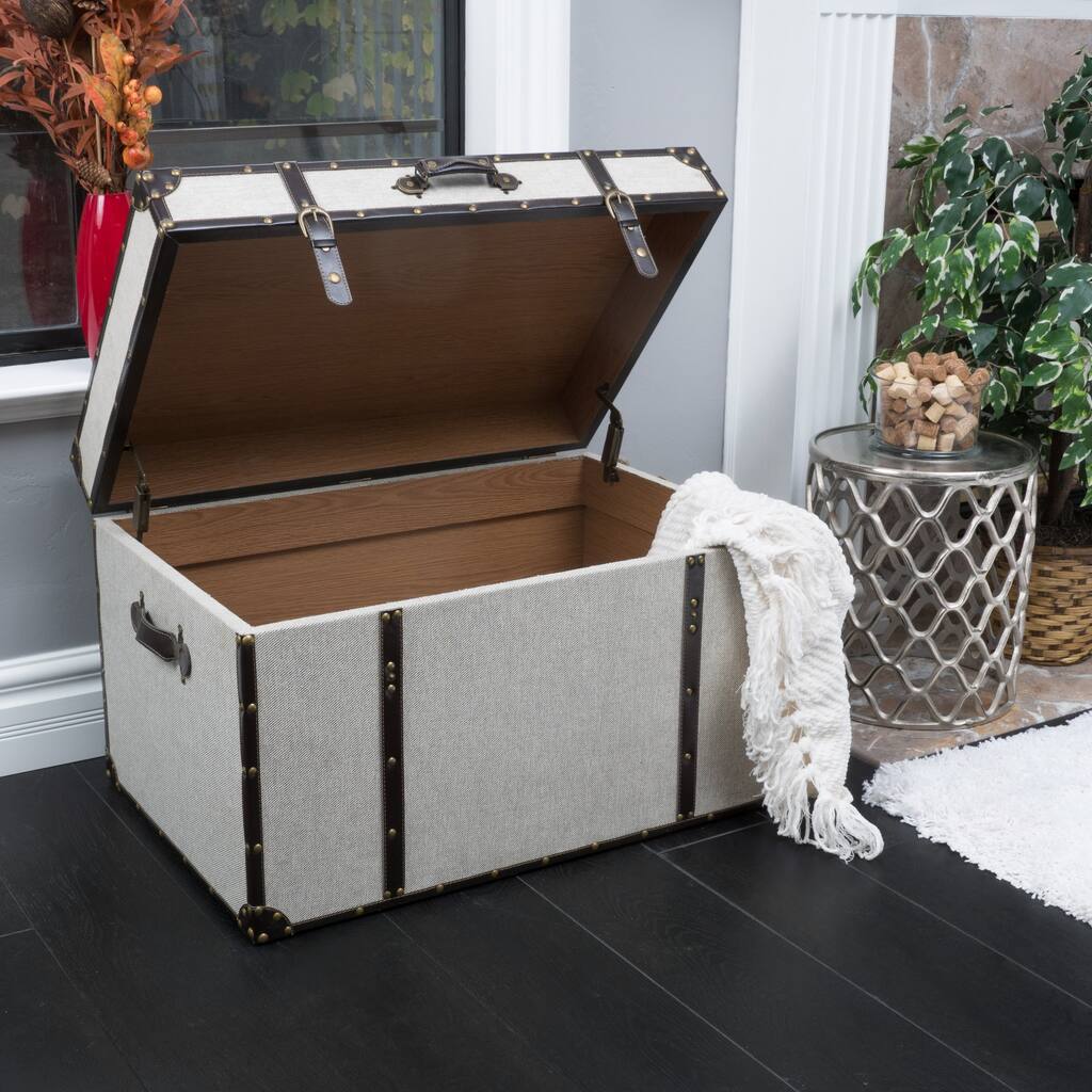 Fontana Brown Leather Trim Beige Upholstered Storage Trunk