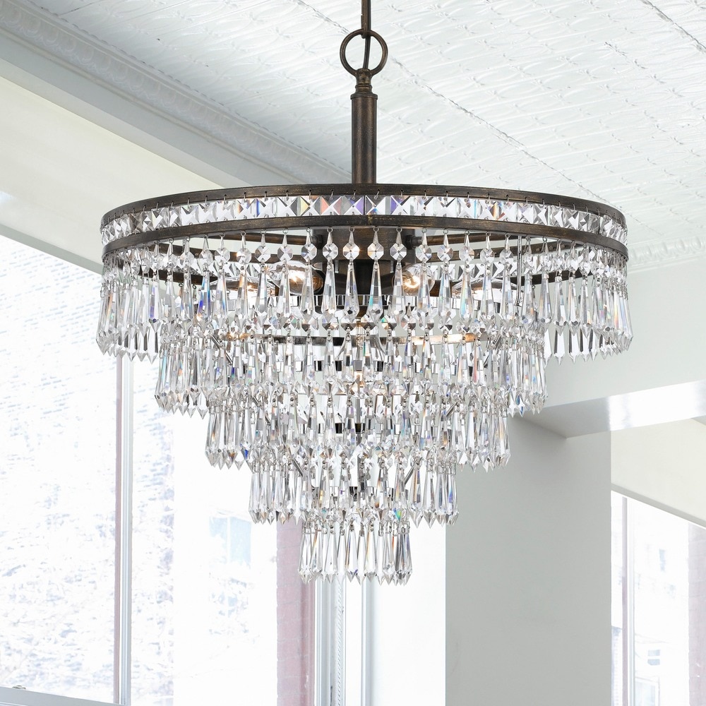 Chandelier with cut crystal drops, black lampshades Chandelier with cut crystal drops, black lampshades