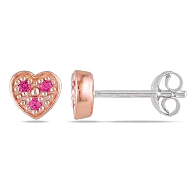 Miadora Sterling Silver Created Pink Sapphire Heart Stud Earrings