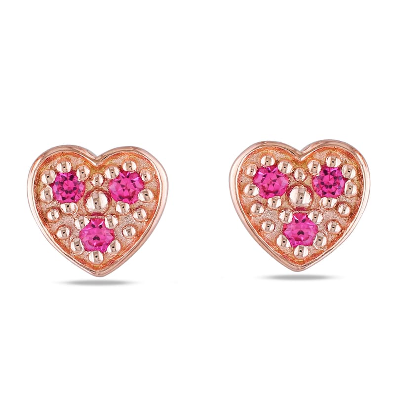 Miadora Sterling Silver Created Pink Sapphire Heart Stud Earrings
