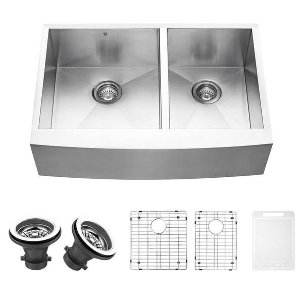 VIGO 33inch Farmhouse Stainless Steel Kitchen Sink, Two Grids and Two