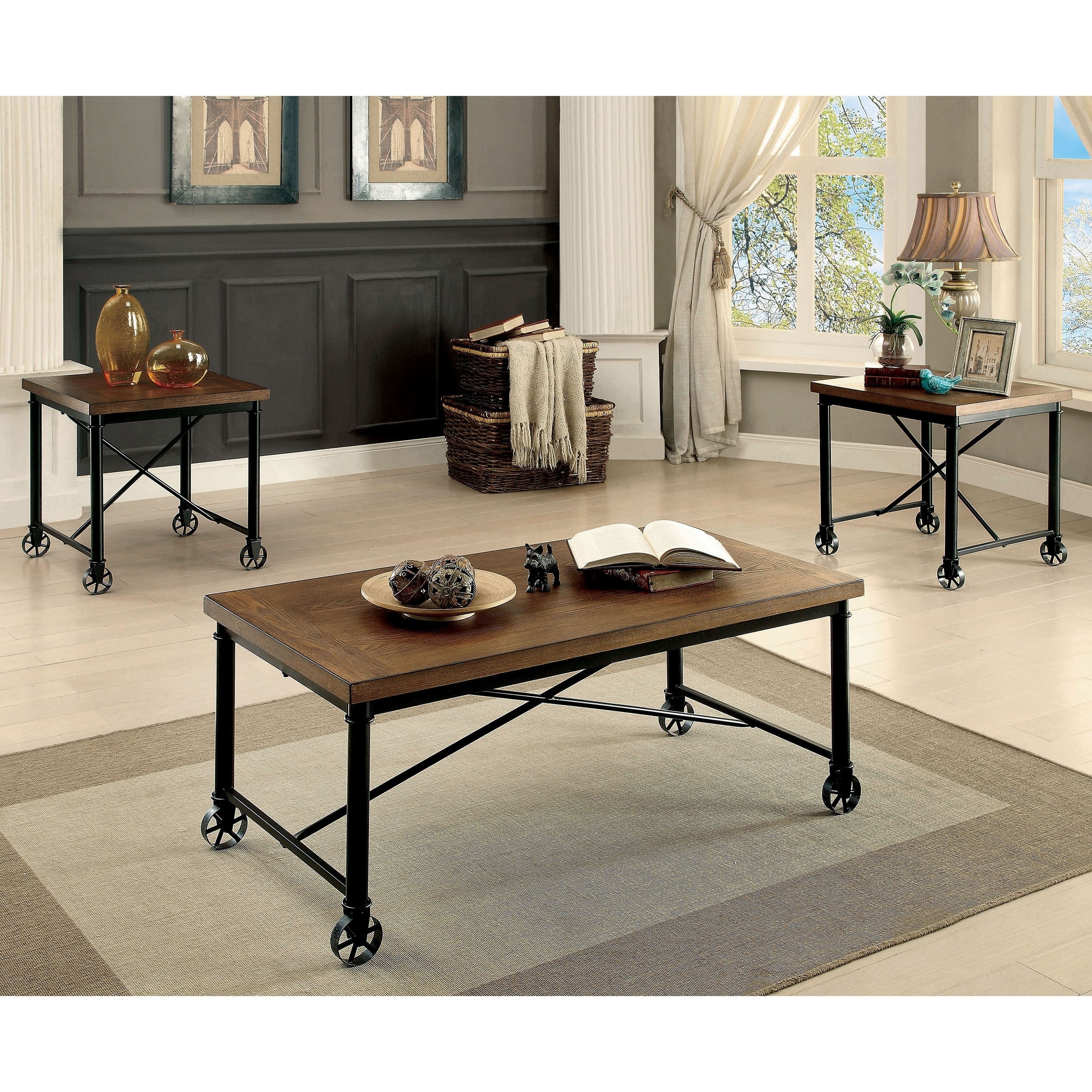 Furniture of America Daimon Industrial Medium Oak 48-inch Metal 3-Piece Accent Table Set