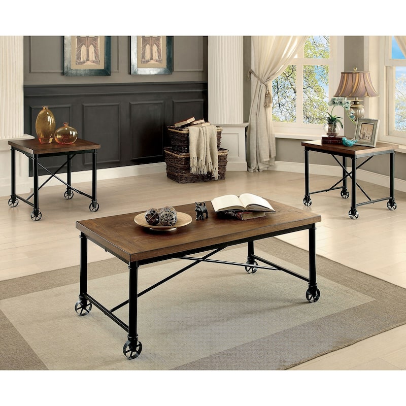 Daimon Industrial Medium Oak 48-inch Metal 3-Piece Accent Table Set by Furniture of America