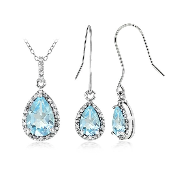 Glitzy Rocks Sterling Silver 6 3/4ct Blue Topaz and Diamond Accent Teardrop Pendant Earrings Set