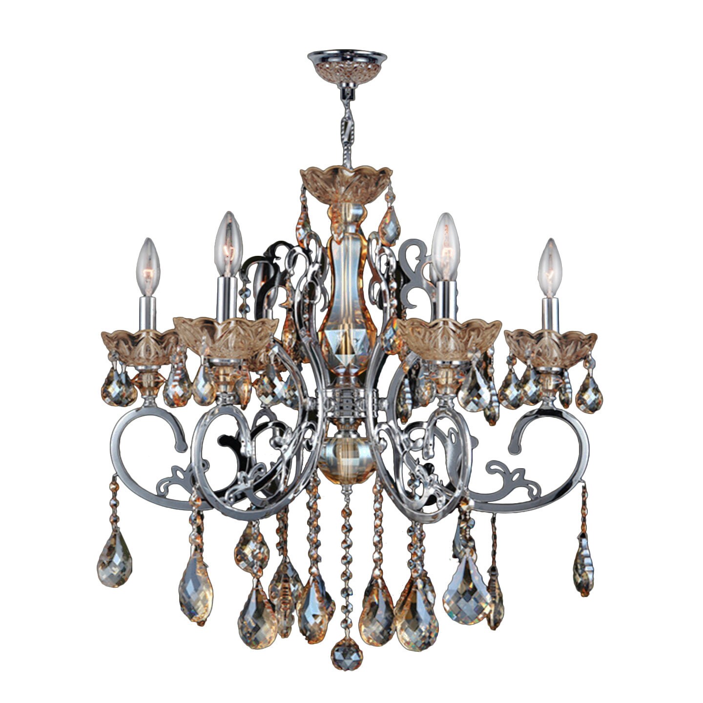 French Scroll Collection 6 Light Chrome Finish and Amber Crystal Chandelier Large 26" x 24" (6 Lights Chandelier) - Chandeliers For Bedrooms by Overstock.com