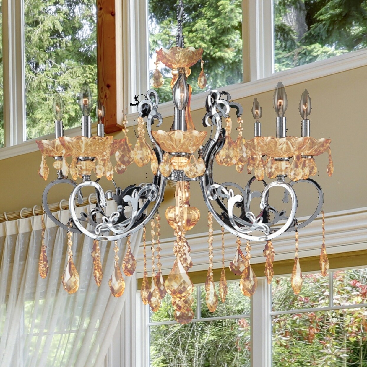 French Scroll 8 Light Chrome Finish and Amber Crystal Chandelier Large D30" x H26" (8 Lights Chandelier) - Chandeliers For Bedrooms by Overstock.com