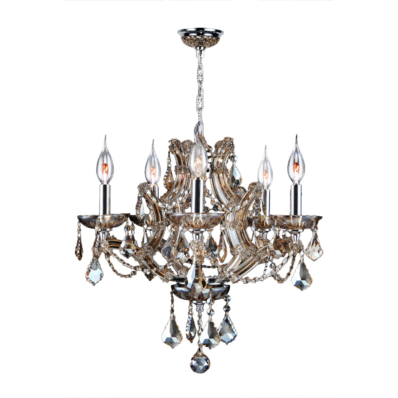 Maria Theresa 5 Light Golden Teak Crystal Glam Chandelier Medium 19 in. W x 18 in. H Medium - Champagne (5 Lights Chandelier) - Chandeliers For Bedrooms by Overstock.com