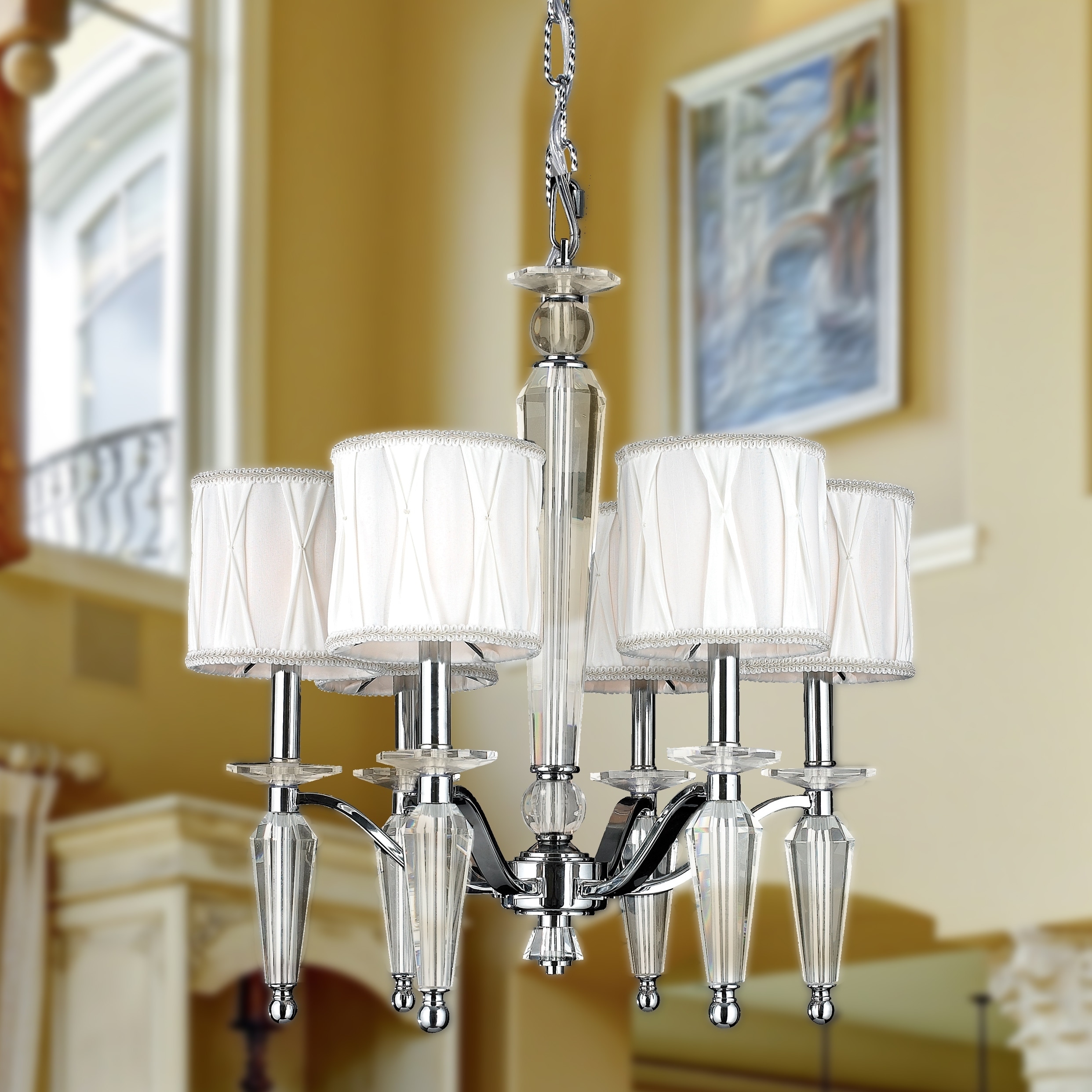 Elegant 6 Light Chrome Finish Crystal Chandelier with White Fabric Shade Medium 22" x 23" (6 Lights Chandelier) - Chandeliers For Bedrooms by Overstock.com
