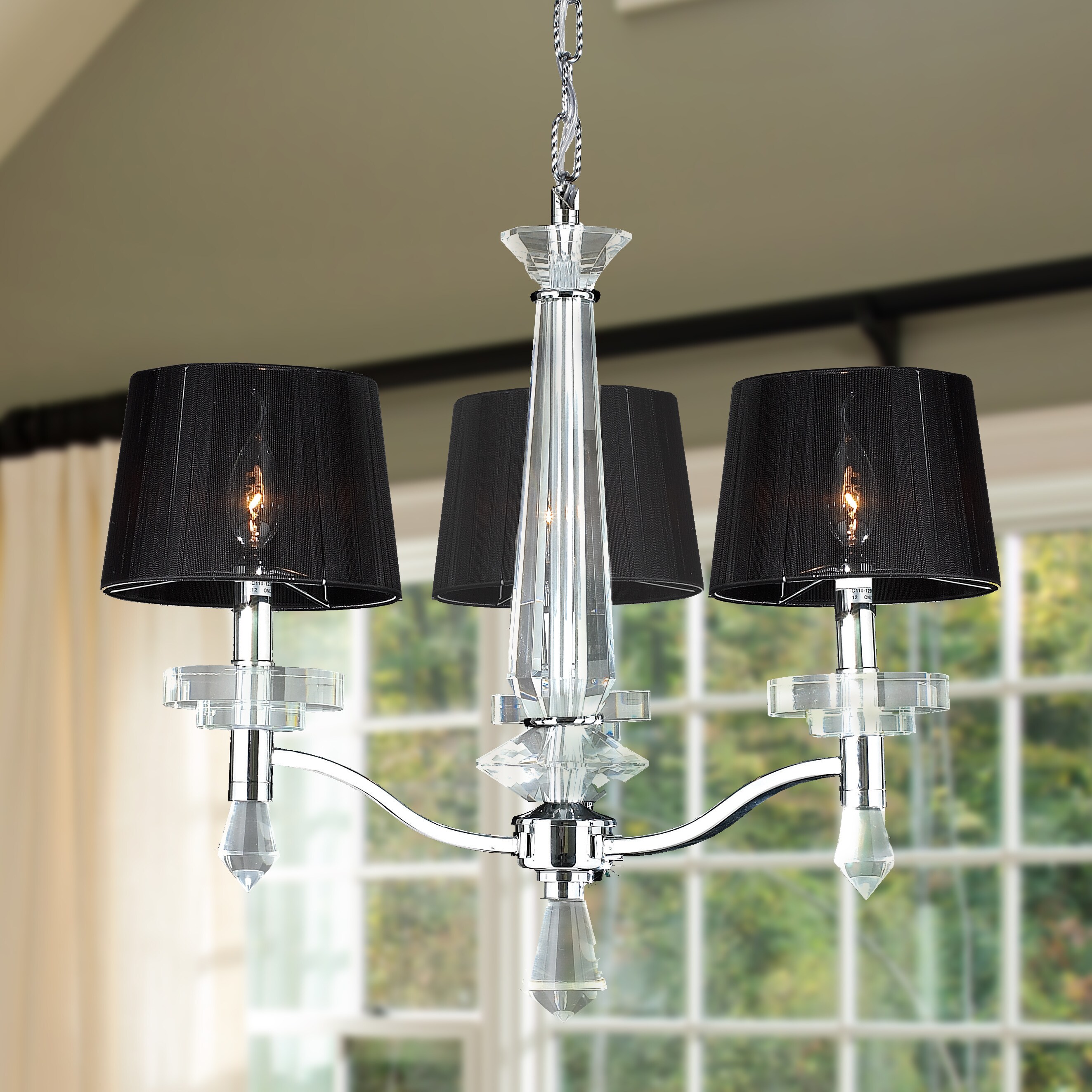 Elegant 3 Light Chrome Finish Crystal Chandelier with Black String Shade Medium 22" x 20" (3 Lights Chandelier) - Chandeliers For Bedrooms by Overstock.com