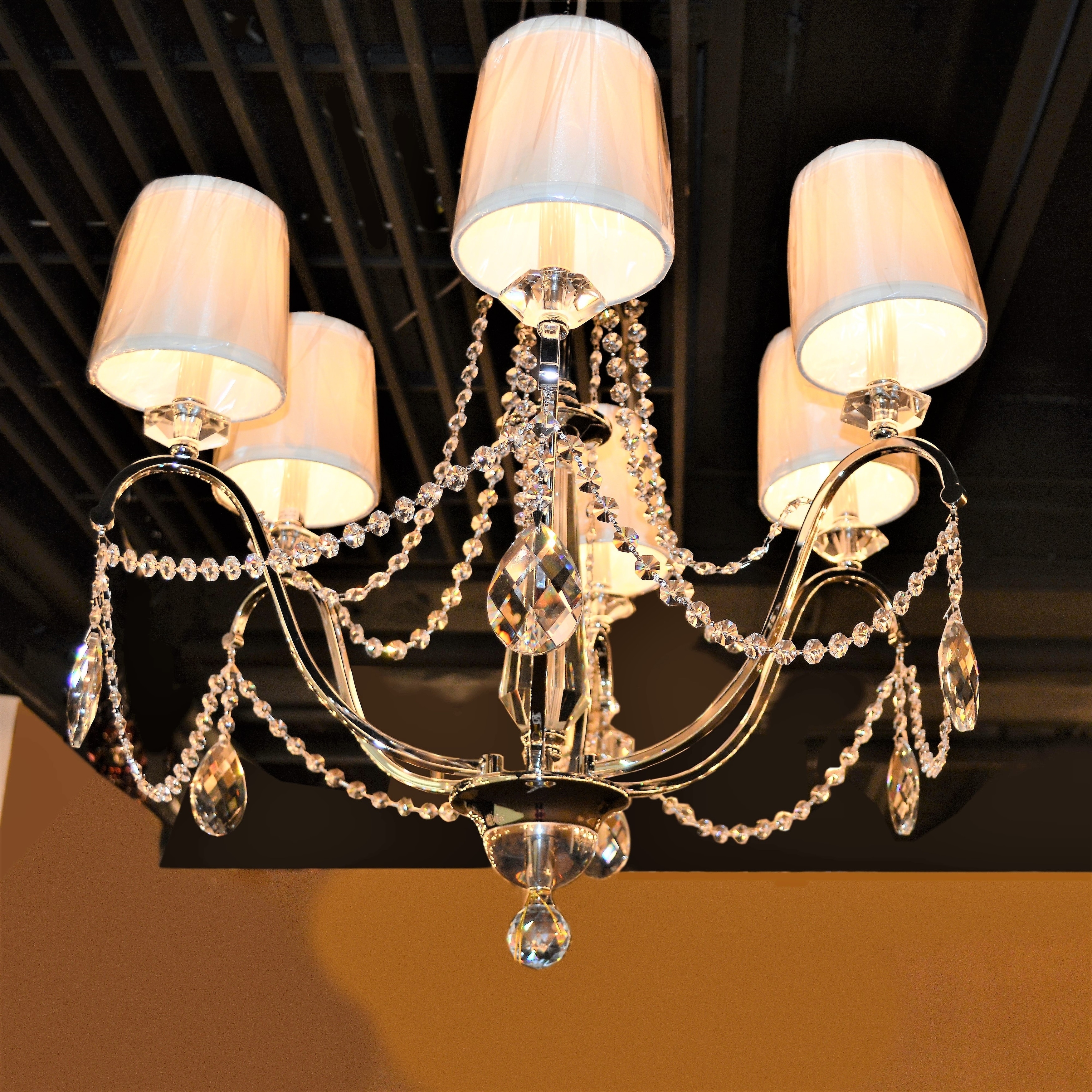 Elegant 6 Light Chrome Finish Crystal with Ivory Silk Shade Chandelier Large 26" x 27" (6 Lights Chandelier) - Chandeliers For Bedrooms by Overstock.com
