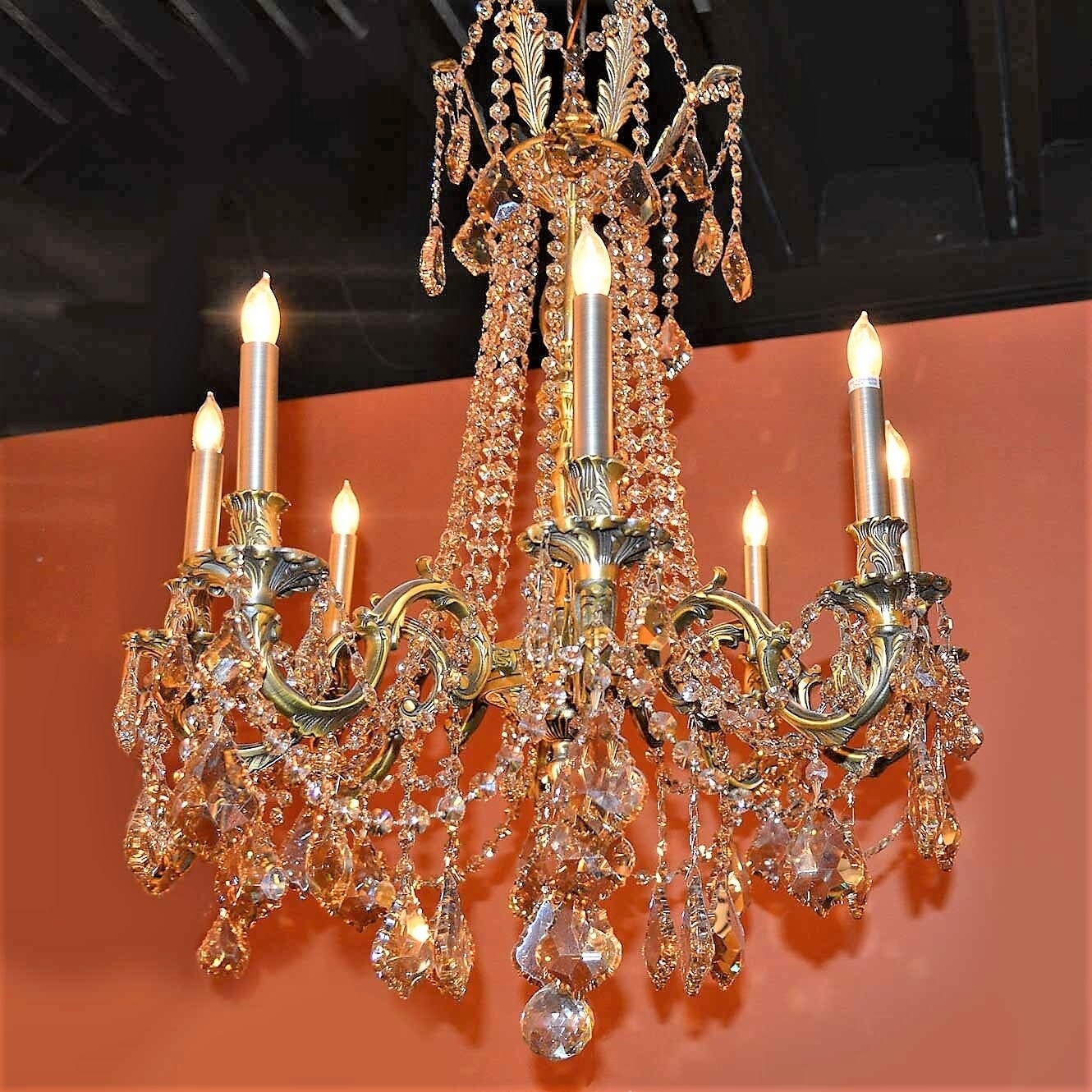 Italian Elegance 8 Light Antique Bronze Finish and Golden Teak Crystal Traditional Chandelier Large - Gold (8 Lights Chandelier) - Chandeliers For Bedrooms by Overstock.com