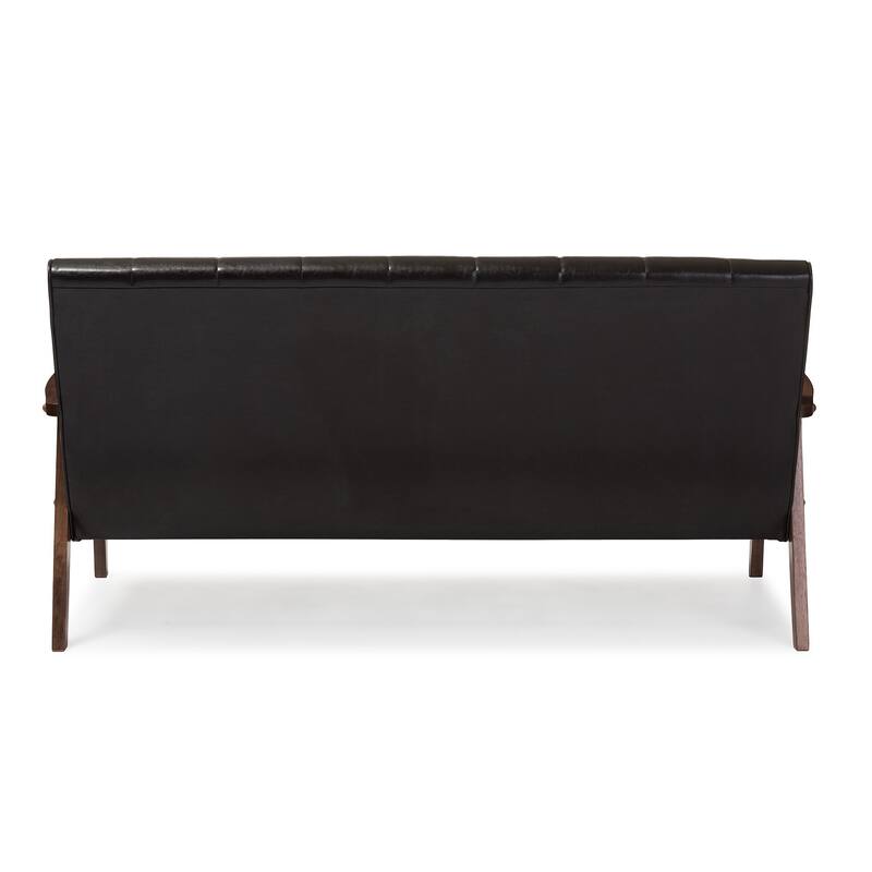 Baxton Studio Nikko Mid-century Modern Scandinavian Style Dark Brown Faux Leather Wooden 3-Seater Sofa