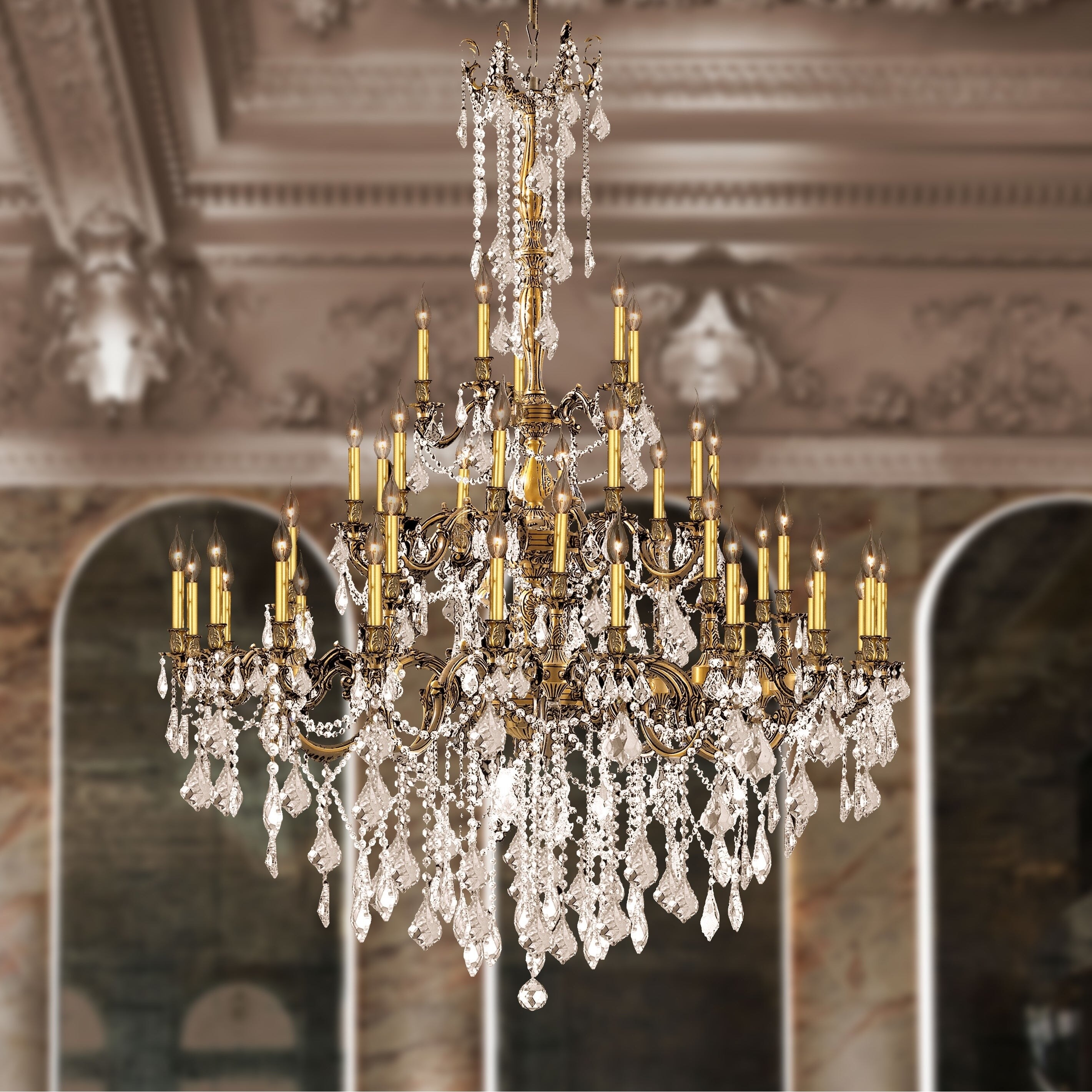 Italian Elegance 45 Light Antique Bronze Finish and Golden Teak Crystal Traditional Chandelier Large (45 Lights Chandelier) - Chandeliers For Bedrooms by Overstock.com