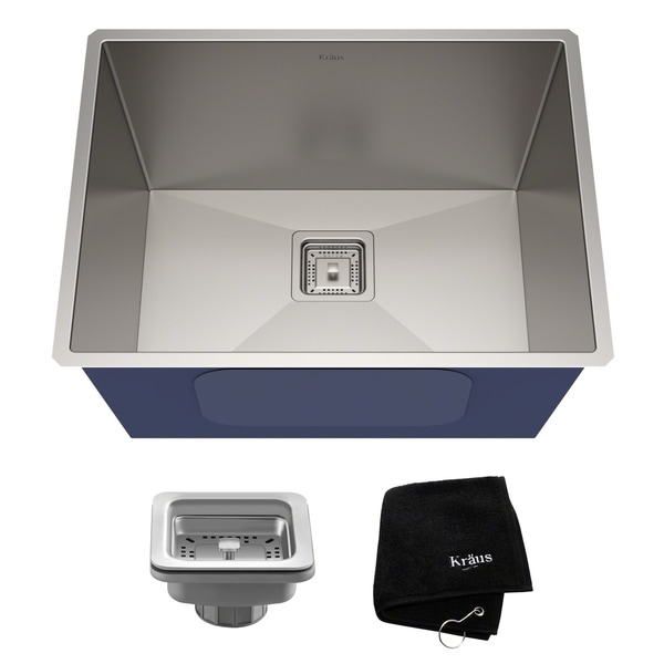 Kraus KHU24L Pax Zero-Radius Undermount 24-in 18G 1-Bowl Satin Stainless Steel Laundry Utility Sink, Strainer, Towel
