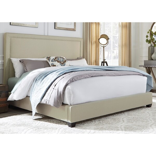 Natural Linen Upholstered Nail Head Panel Bed Set