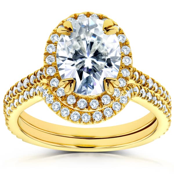 slide 1 of 4, Annello by Kobelli 14k Yellow Gold 2 3/5ct TGW Moissanite and Diamond Oval Halo Fitted Bridal Rings Set (2pc Set)