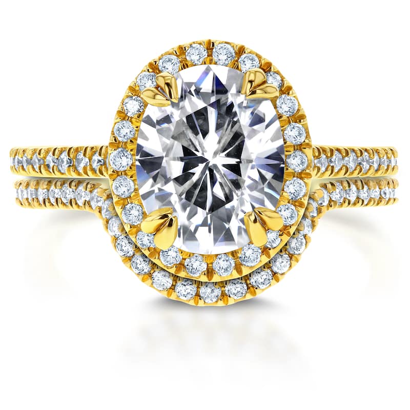 Annello by Kobelli 14k Yellow Gold 2 3/5ct TGW Moissanite and Diamond Oval Halo Fitted Bridal Rings Set (2pc Set)